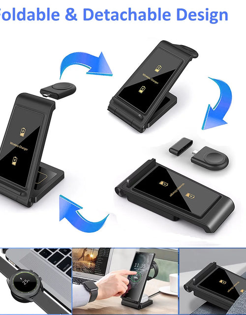 Load image into Gallery viewer, 3 in 1 Wireless Charger, 15W Wireless Charging Stand Station Foldable Fast for Samsung Galaxy /Note, Galaxy Watch5/4/3,Active 2/1, Galaxy Buds (Black- for Samsung)
