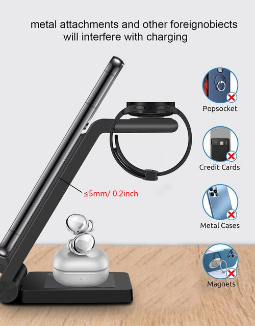 Load image into Gallery viewer, 3 in 1 Wireless Charger, 15W Wireless Charging Stand Station Foldable Fast for Samsung Galaxy /Note, Galaxy Watch5/4/3,Active 2/1, Galaxy Buds (Black- for Samsung)
