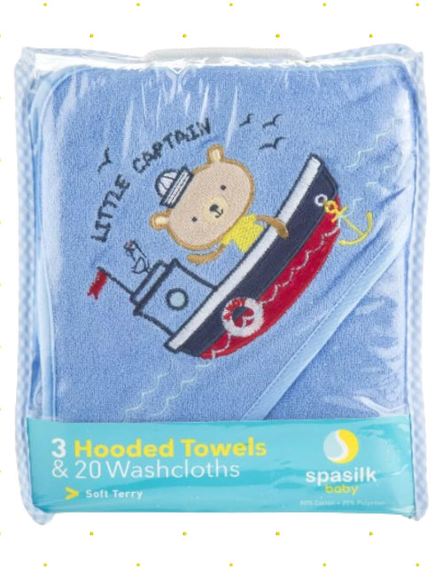 Load image into Gallery viewer, Bath Hooded Towels &amp; Washcloths Set for Babies, 23-Piece Gift Set, Navy Nautical
