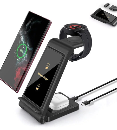 3 in 1 Wireless Charger, 15W Wireless Charging Stand Station Foldable Fast for Samsung Galaxy /Note, Galaxy Watch5/4/3,Active 2/1, Galaxy Buds (Black- for Samsung)