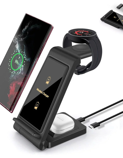 Load image into Gallery viewer, 3 in 1 Wireless Charger, 15W Wireless Charging Stand Station Foldable Fast for Samsung Galaxy /Note, Galaxy Watch5/4/3,Active 2/1, Galaxy Buds (Black- for Samsung)
