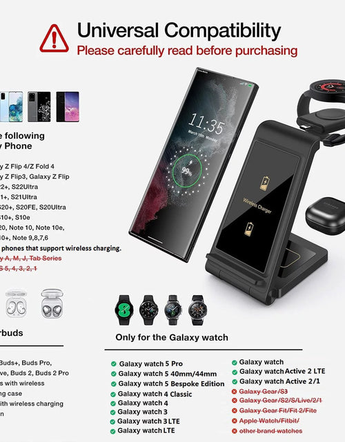 Load image into Gallery viewer, 3 in 1 Wireless Charger, 15W Wireless Charging Stand Station Foldable Fast for Samsung Galaxy /Note, Galaxy Watch5/4/3,Active 2/1, Galaxy Buds (Black- for Samsung)
