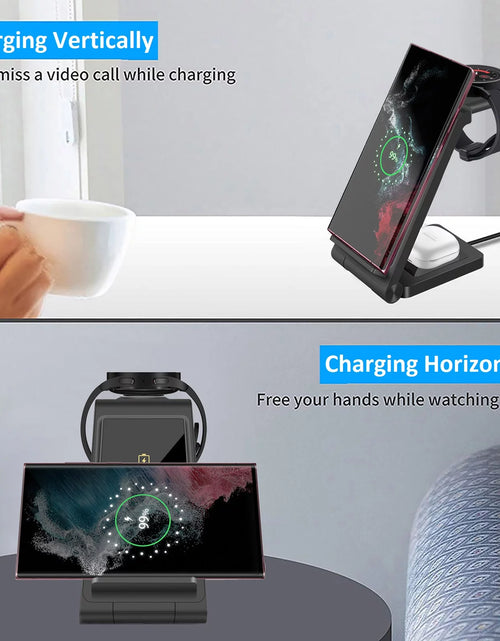 Load image into Gallery viewer, 3 in 1 Wireless Charger, 15W Wireless Charging Stand Station Foldable Fast for Samsung Galaxy /Note, Galaxy Watch5/4/3,Active 2/1, Galaxy Buds (Black- for Samsung)
