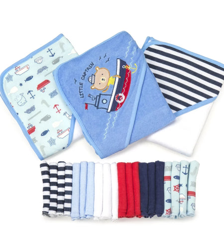Bath Hooded Towels & Washcloths Set for Babies, 23-Piece Gift Set, Navy Nautical