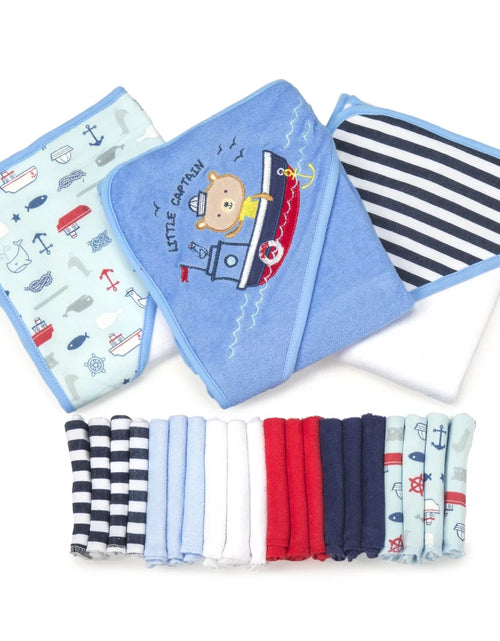 Load image into Gallery viewer, Bath Hooded Towels &amp; Washcloths Set for Babies, 23-Piece Gift Set, Navy Nautical
