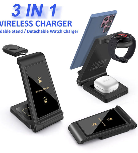 3 in 1 Wireless Charger, 15W Wireless Charging Stand Station Foldable Fast for Samsung Galaxy /Note, Galaxy Watch5/4/3,Active 2/1, Galaxy Buds (Black- for Samsung)