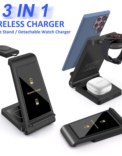 Load image into Gallery viewer, 3 in 1 Wireless Charger, 15W Wireless Charging Stand Station Foldable Fast for Samsung Galaxy /Note, Galaxy Watch5/4/3,Active 2/1, Galaxy Buds (Black- for Samsung)
