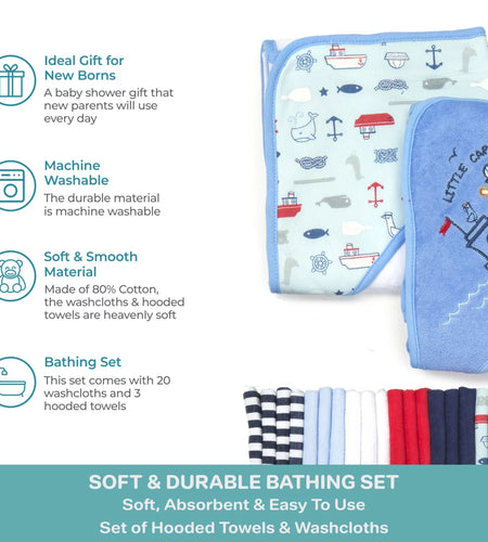 Bath Hooded Towels & Washcloths Set for Babies, 23-Piece Gift Set, Navy Nautical