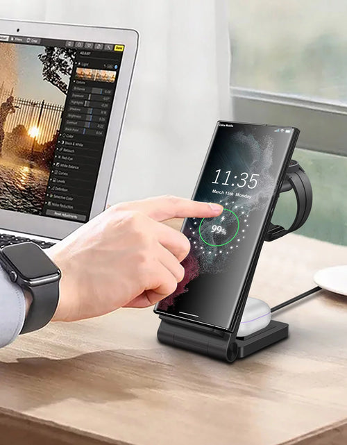 Load image into Gallery viewer, 3 in 1 Wireless Charger, 15W Wireless Charging Stand Station Foldable Fast for Samsung Galaxy /Note, Galaxy Watch5/4/3,Active 2/1, Galaxy Buds (Black- for Samsung)
